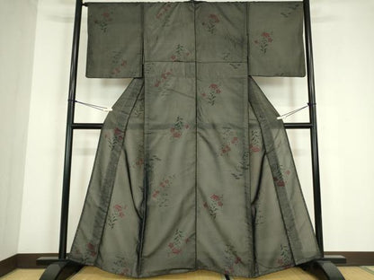 平和屋着物▽上質な小紋　無双　紗×絽　草花文　黒地　正絹　逸品　DABE4135az