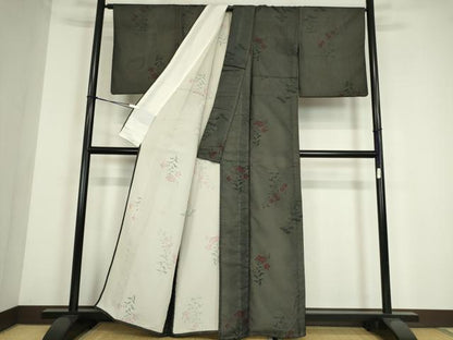 平和屋着物▽上質な小紋　無双　紗×絽　草花文　黒地　正絹　逸品　DABE4135az