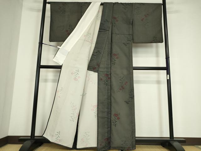 平和屋着物▽上質な小紋　無双　紗×絽　草花文　黒地　正絹　逸品　DABE4135az