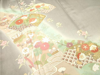 平和屋着物▽訪問着　単衣　地紙吉祥花文　暈し染め　金彩　正絹　逸品　DABE4140az