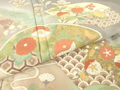 平和屋着物▽訪問着　単衣　地紙吉祥花文　暈し染め　金彩　正絹　逸品　DABE4140az