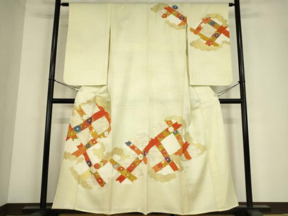 平和屋着物▽訪問着　単衣　駒刺繍　雲取り吉祥花文　金彩　正絹　逸品　DABE4141az