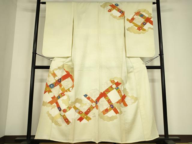 平和屋着物▽訪問着　単衣　駒刺繍　雲取り吉祥花文　金彩　正絹　逸品　DABE4141az
