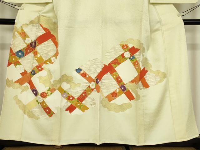 平和屋着物▽訪問着　単衣　駒刺繍　雲取り吉祥花文　金彩　正絹　逸品　DABE4141az