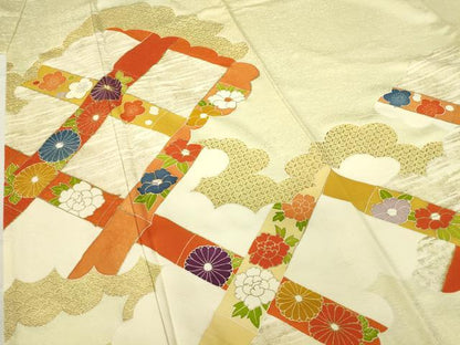 平和屋着物▽訪問着　単衣　駒刺繍　雲取り吉祥花文　金彩　正絹　逸品　DABE4141az