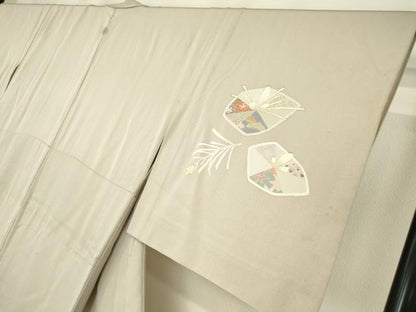 平和屋着物▽訪問着　単衣　駒刺繍　若松葉花文　金彩　正絹　逸品　DABE4142az