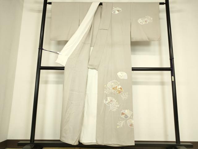 平和屋着物▽訪問着　単衣　駒刺繍　若松葉花文　金彩　正絹　逸品　DABE4142az