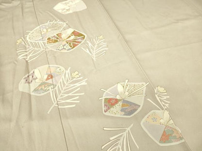 平和屋着物▽訪問着　単衣　駒刺繍　若松葉花文　金彩　正絹　逸品　DABE4142az