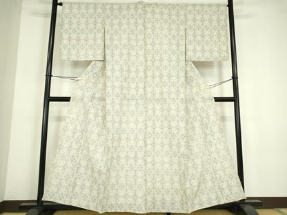 平和屋着物▽本塩沢　単衣　幾何学花文　正絹　逸品　DABE4143az