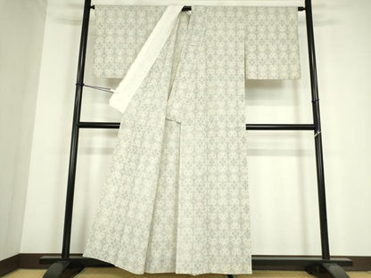 平和屋着物▽本塩沢　単衣　幾何学花文　正絹　逸品　DABE4143az