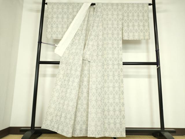 平和屋着物▽本塩沢　単衣　幾何学花文　正絹　逸品　DABE4143az