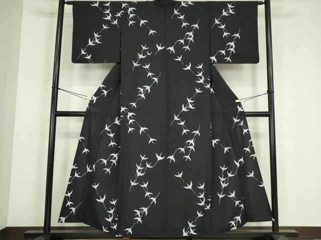 平和屋着物▽小紋　単衣　飛鶴文　黒地　洗える着物　未使用　DABE4164az