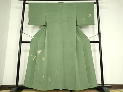 平和屋着物▽訪問着　単衣　総刺繍　駒刺繍　七宝双葉葵　金糸　鬼しぼ縮緬　正絹　逸品　DABE4169az