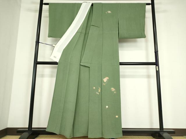 平和屋着物▽訪問着　単衣　総刺繍　駒刺繍　七宝双葉葵　金糸　鬼しぼ縮緬　正絹　逸品　DABE4169az