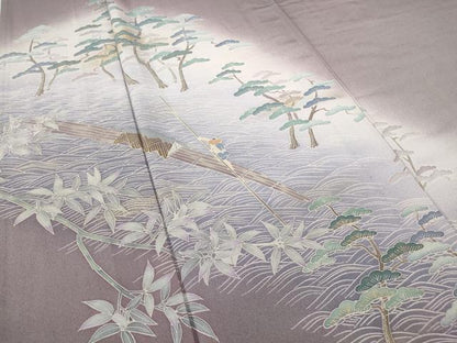 平和屋着物▽訪問着　単衣　水辺人物風景文　金彩　正絹　逸品　DABE4174az