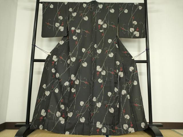 平和屋着物▽小紋　単衣　葡萄唐草文　黒地　洗える着物　DABE4176az