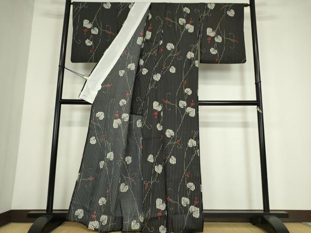平和屋着物▽小紋　単衣　葡萄唐草文　黒地　洗える着物　DABE4176az