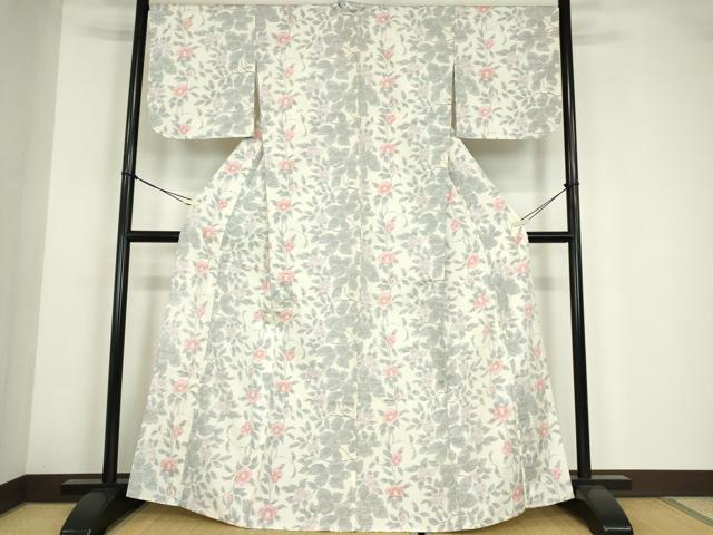 平和屋着物▽上質な紬　単衣　草花文　やまと誂製　正絹　逸品　DABE4183az