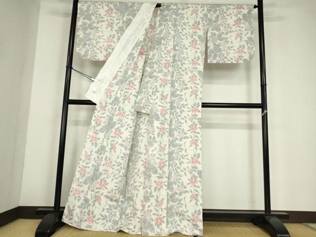 平和屋着物▽上質な紬　単衣　草花文　やまと誂製　正絹　逸品　DABE4183az