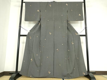 平和屋着物▽上質な小紋　単衣　縞に舞花　黒地　金彩　正絹　逸品　DABE4188az