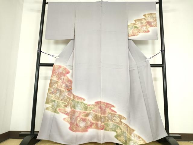 平和屋着物▽中国三大刺繍　スワトウ刺繍　汕頭刺繍　訪問着　単衣　雪輪花文　暈し染め　金彩　正絹　逸品　DABE4189az
