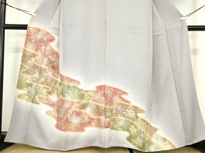 平和屋着物▽中国三大刺繍　スワトウ刺繍　汕頭刺繍　訪問着　単衣　雪輪花文　暈し染め　金彩　正絹　逸品　DABE4189az