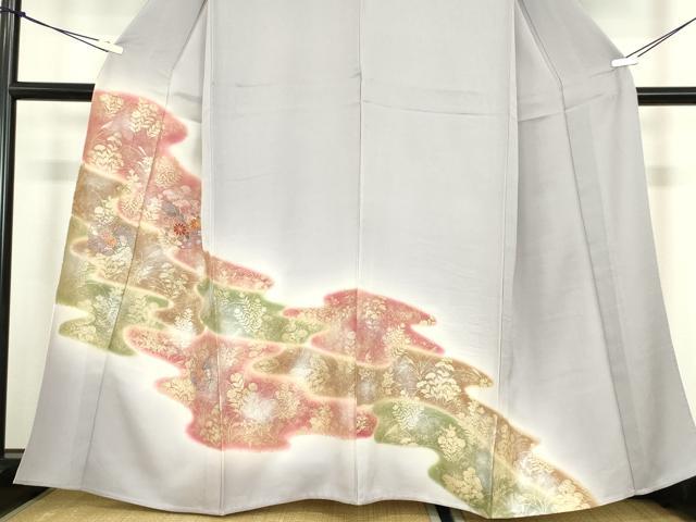 平和屋着物▽中国三大刺繍　スワトウ刺繍　汕頭刺繍　訪問着　単衣　雪輪花文　暈し染め　金彩　正絹　逸品　DABE4189az
