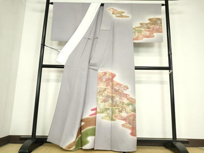 平和屋着物▽中国三大刺繍　スワトウ刺繍　汕頭刺繍　訪問着　単衣　雪輪花文　暈し染め　金彩　正絹　逸品　DABE4189az