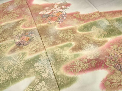 平和屋着物▽中国三大刺繍　スワトウ刺繍　汕頭刺繍　訪問着　単衣　雪輪花文　暈し染め　金彩　正絹　逸品　DABE4189az