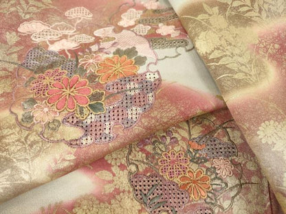 平和屋着物▽中国三大刺繍　スワトウ刺繍　汕頭刺繍　訪問着　単衣　雪輪花文　暈し染め　金彩　正絹　逸品　DABE4189az