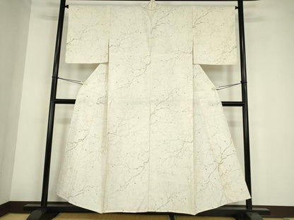 平和屋着物▽上質な小紋　紬地　単衣　枝葉文　正絹　逸品　DABE4191az