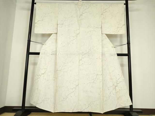 平和屋着物▽上質な小紋　紬地　単衣　枝葉文　正絹　逸品　DABE4191az