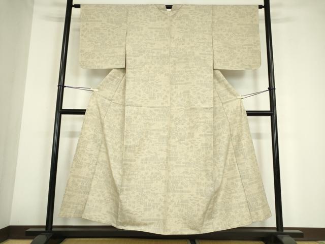 平和屋着物▽結城紬　単衣　風景花文　80亀甲　正絹　逸品　DABE4201az