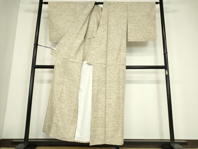 平和屋着物▽結城紬　単衣　風景花文　80亀甲　正絹　逸品　DABE4201az