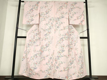 平和屋着物▽上質な小紋　単衣　ときめき　菊桜文　反端付き　正絹　逸品　未使用　DABE4204az