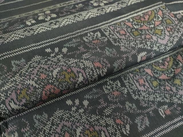 平和屋着物▽上質な紬　単衣　横段花文　黒地　正絹　逸品　DABE4215az