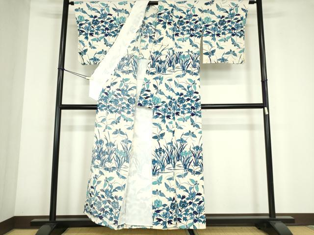 平和屋着物▽訪問着　単衣　型染　舞蝶花文　正絹　逸品　DABE4223az