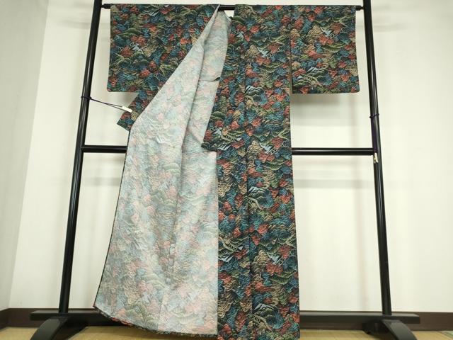 平和屋着物▽小紋　単衣　樹林風景文　黒地　洗える着物　DABE4232az