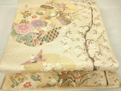 平和屋着物▼六通柄袋帯 枝垂れ桜飛鳥牡丹文 金糸 正絹 逸品 DABE4241az