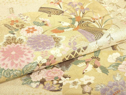 平和屋着物▼六通柄袋帯 枝垂れ桜飛鳥牡丹文 金糸 正絹 逸品 DABE4241az
