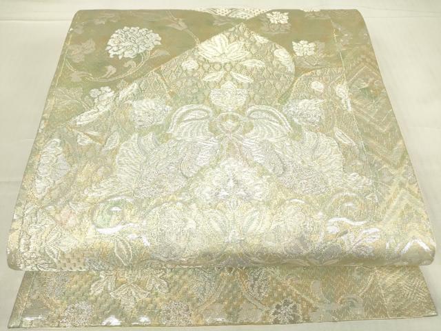 平和屋着物▼六通柄袋帯　向い鳥牡丹唐草文　銀糸　正絹　逸品　DABE4268az
