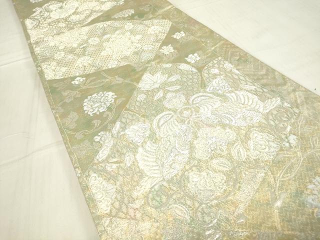平和屋着物▼六通柄袋帯　向い鳥牡丹唐草文　銀糸　正絹　逸品　DABE4268az