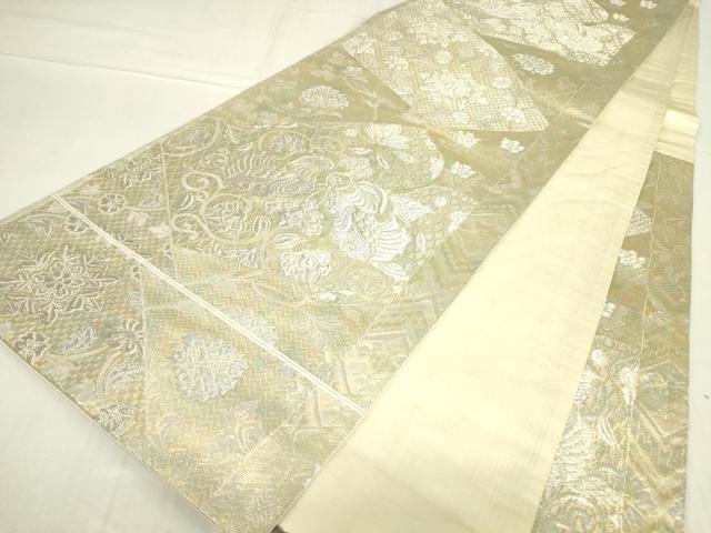 平和屋着物▼六通柄袋帯　向い鳥牡丹唐草文　銀糸　正絹　逸品　DABE4268az