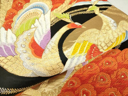平和屋着物▼六通柄袋帯 唐織 孔雀文 黒地 金銀糸 正絹 逸品 DABE4297az
