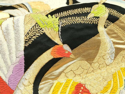 平和屋着物▼六通柄袋帯 唐織 孔雀文 黒地 金銀糸 正絹 逸品 DABE4297az