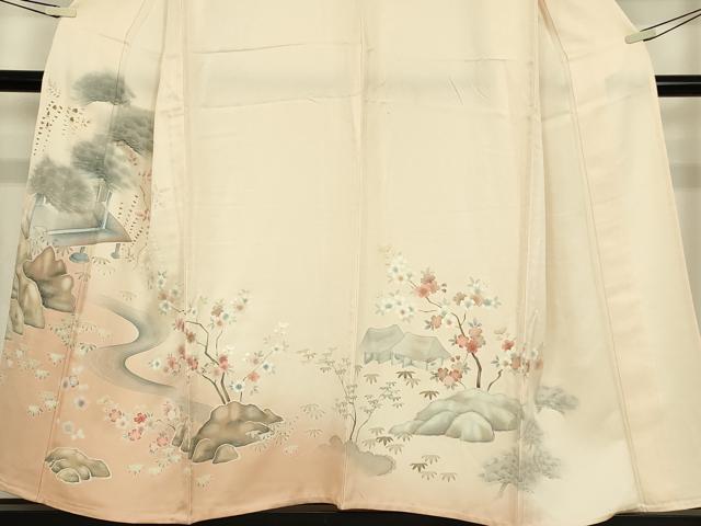 平和屋着物▽訪問着　単衣　刺繍　流水枝花文　暈し染め　正絹　逸品　DABE4302az 平和屋着物▽訪問着 単衣 刺繍 流水枝花文 暈し染め 正絹 逸品