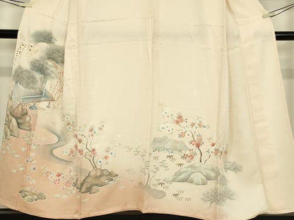 平和屋着物▽訪問着 単衣 刺繍 流水枝花文 暈し染め 正絹 逸品 DABE4302az