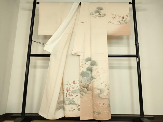 平和屋着物▽訪問着 単衣 刺繍 流水枝花文 暈し染め 正絹 逸品 DABE4302az