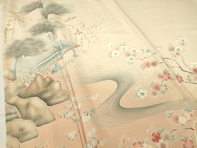平和屋着物▽訪問着 単衣 刺繍 流水枝花文 暈し染め