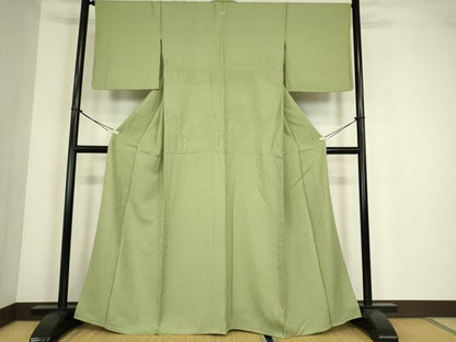 平和屋着物▽上質な色無地　単衣　霞地紋　若葉色　正絹　逸品　DABE4305az